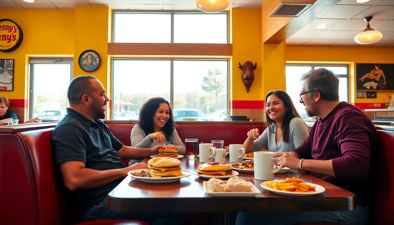 friends enjoying a meal in a cozy Denny's diner.