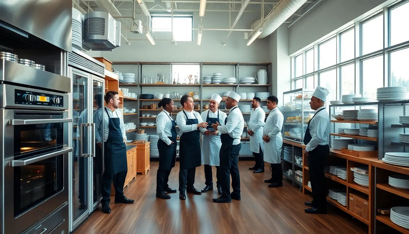 diverse chefs discussing kitchen equipment in a restaurant supply store.