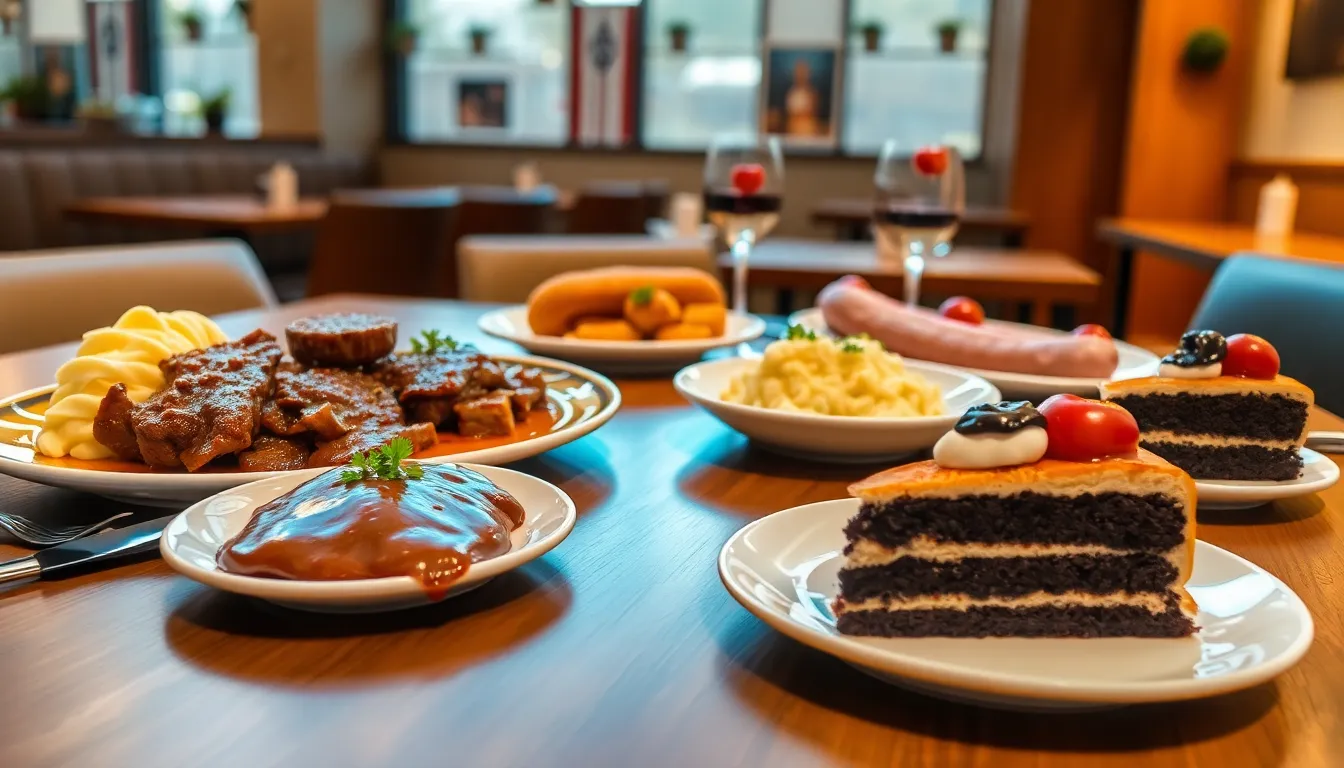 table setting with traditional German dishes and dessert in Indianapolis restaurant.