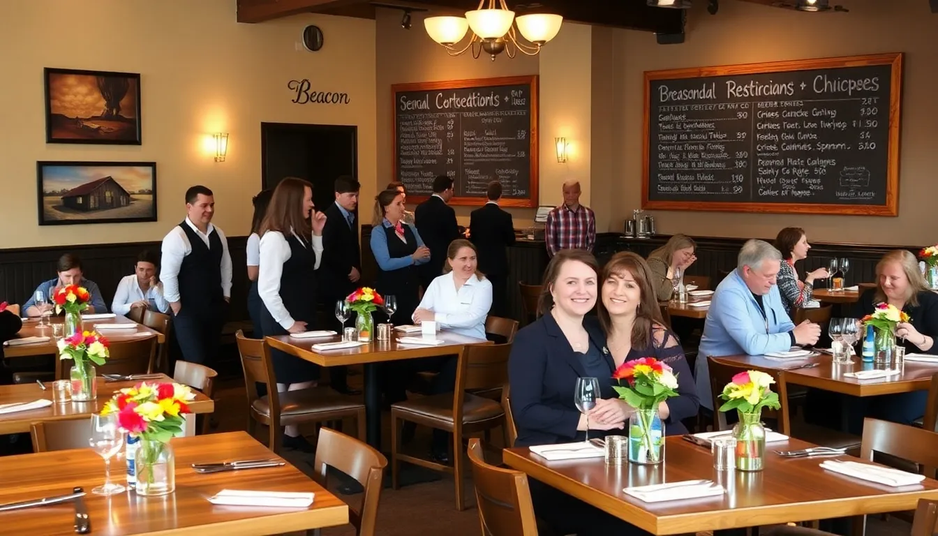 inviting interior of The Beacon Restaurant with staff and diners.