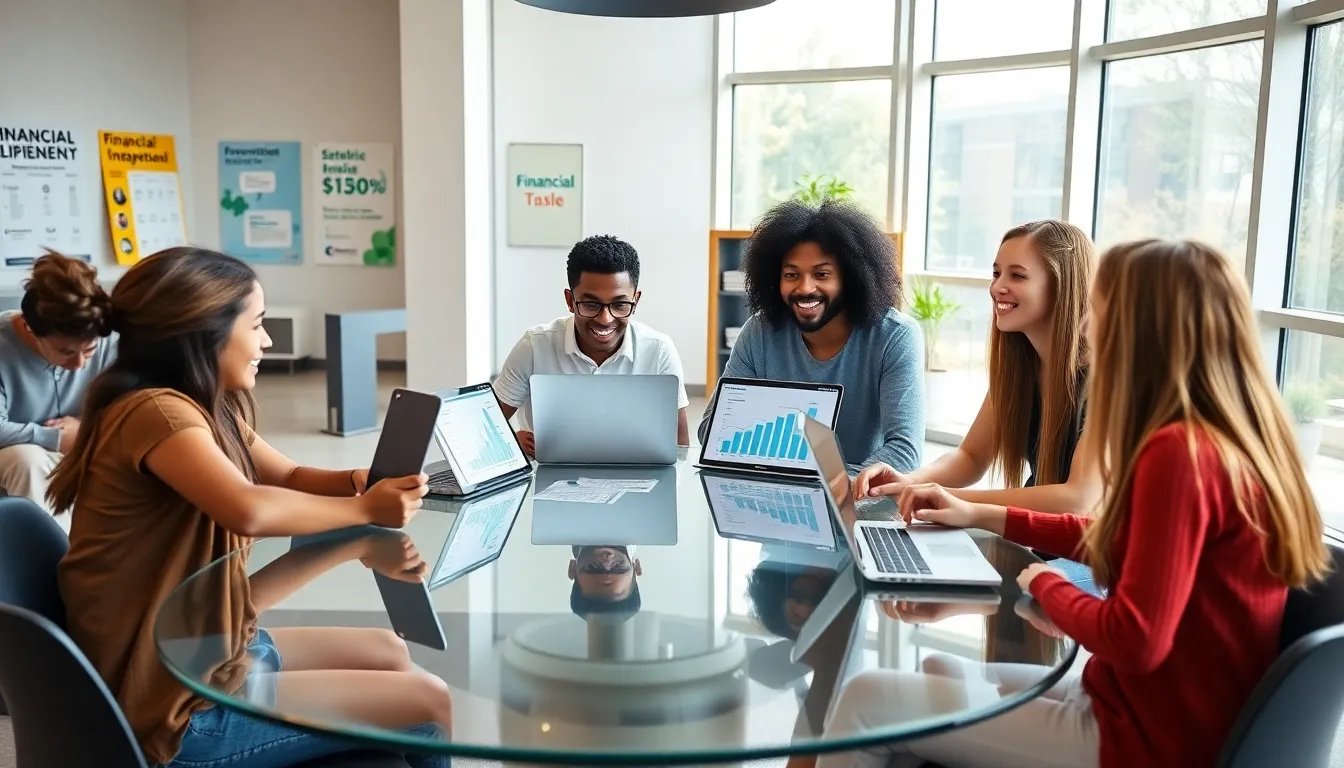 diverse young adults discussing financial independence in a modern workspace.
