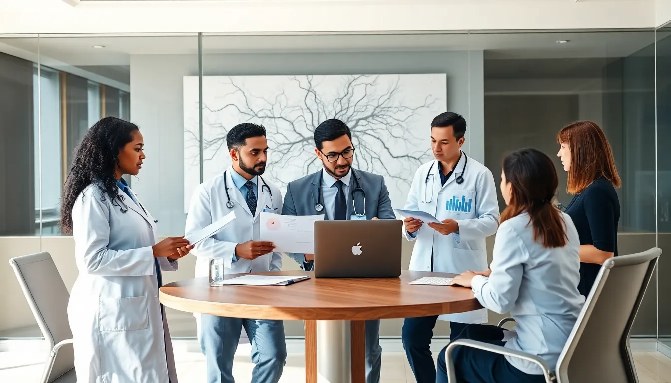 diverse neurology team collaborating in a modern healthcare office.