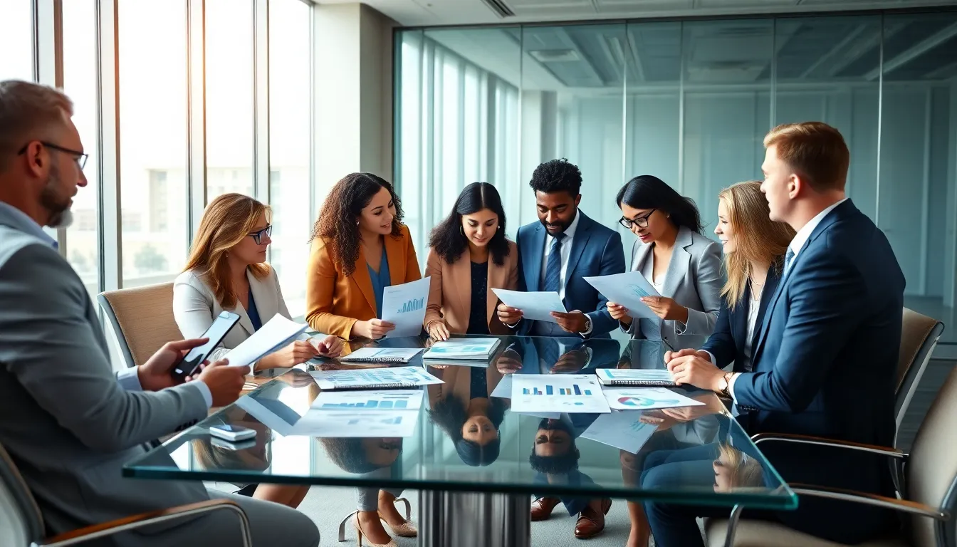 professionals discussing medical school rankings in a modern office setting.