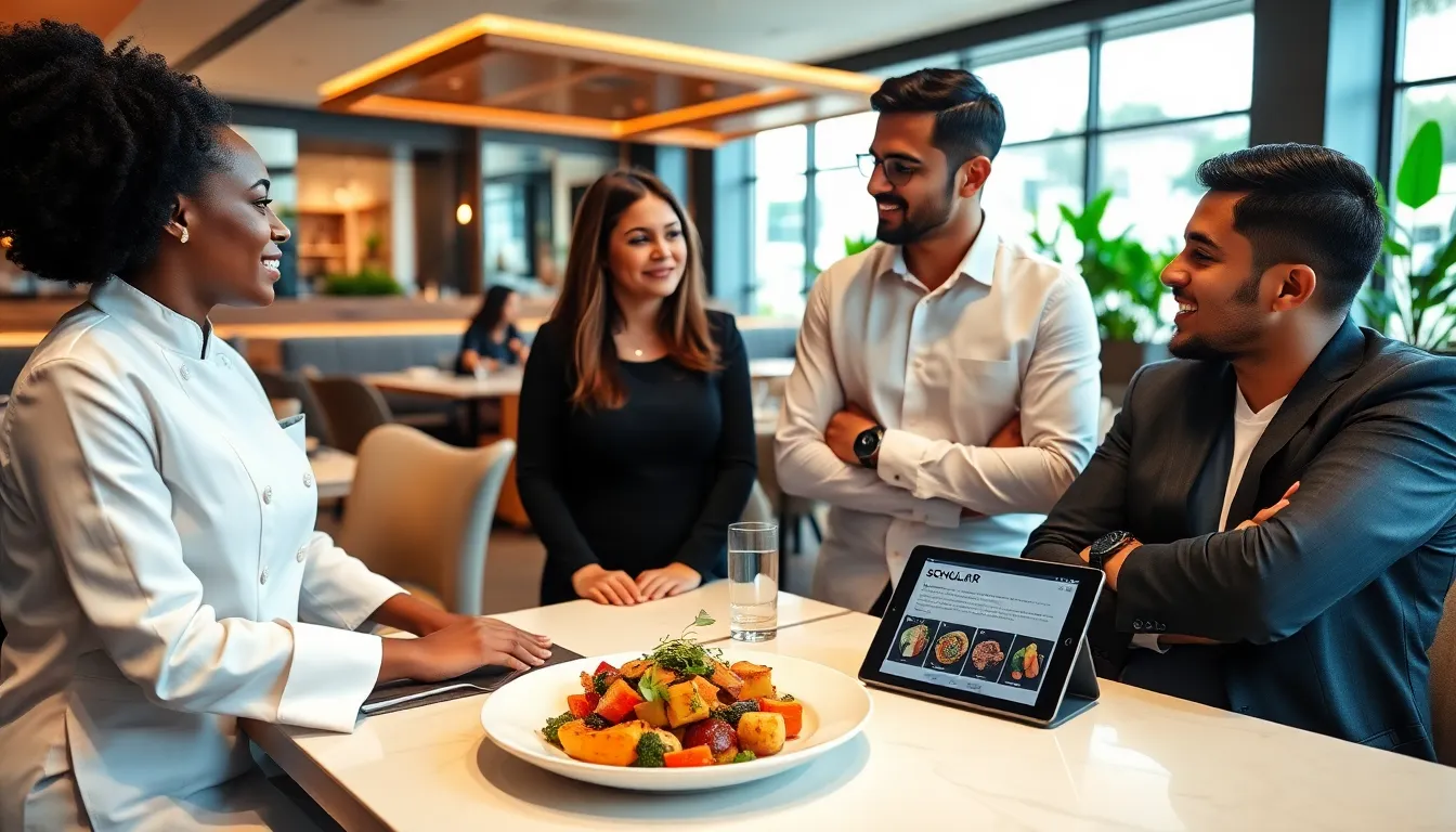 diverse group discussing dishes at a modern restaurant.
